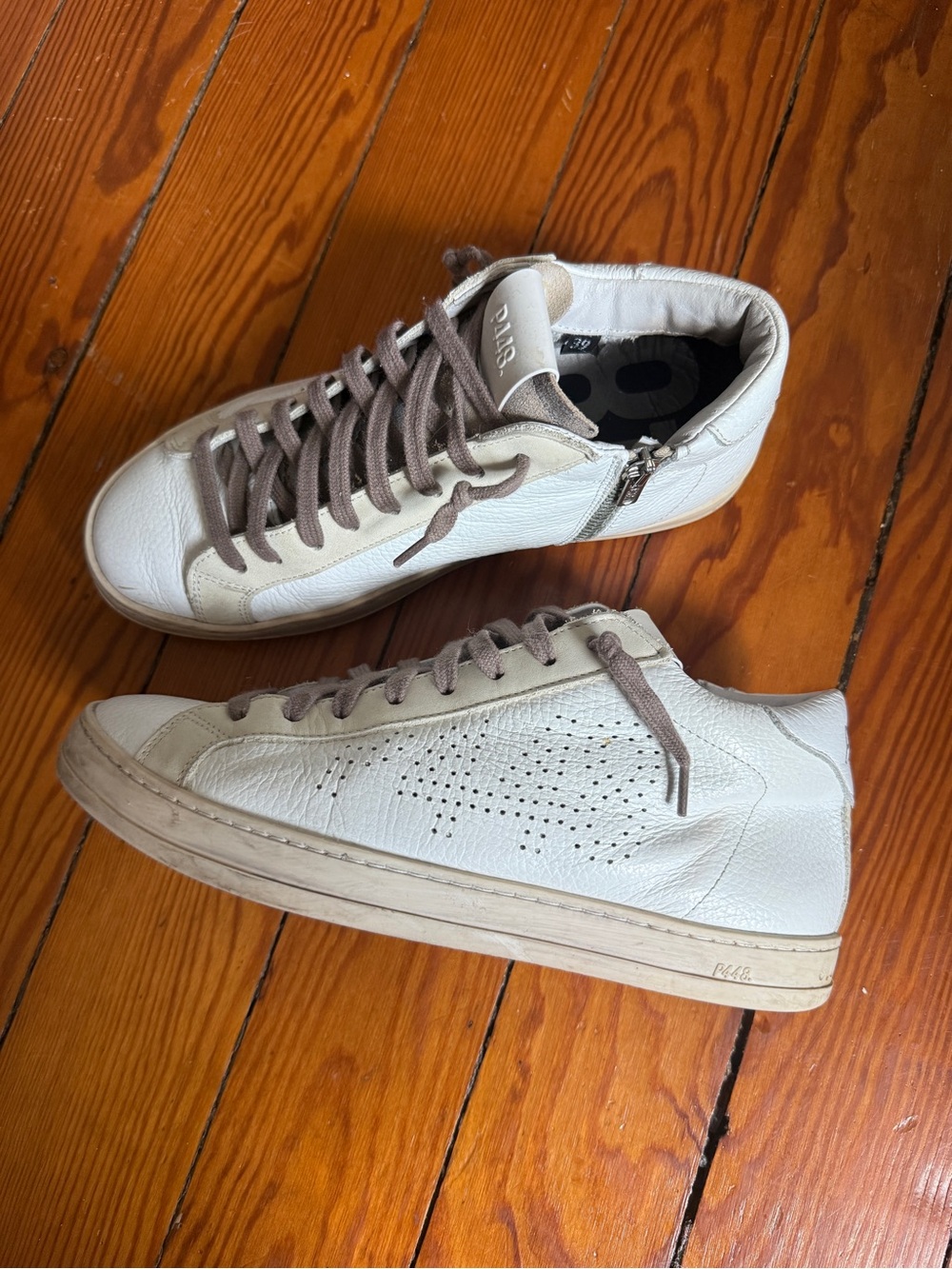 P448 White Leather Sneakers with Taupe Accents - Picture 2 of 4